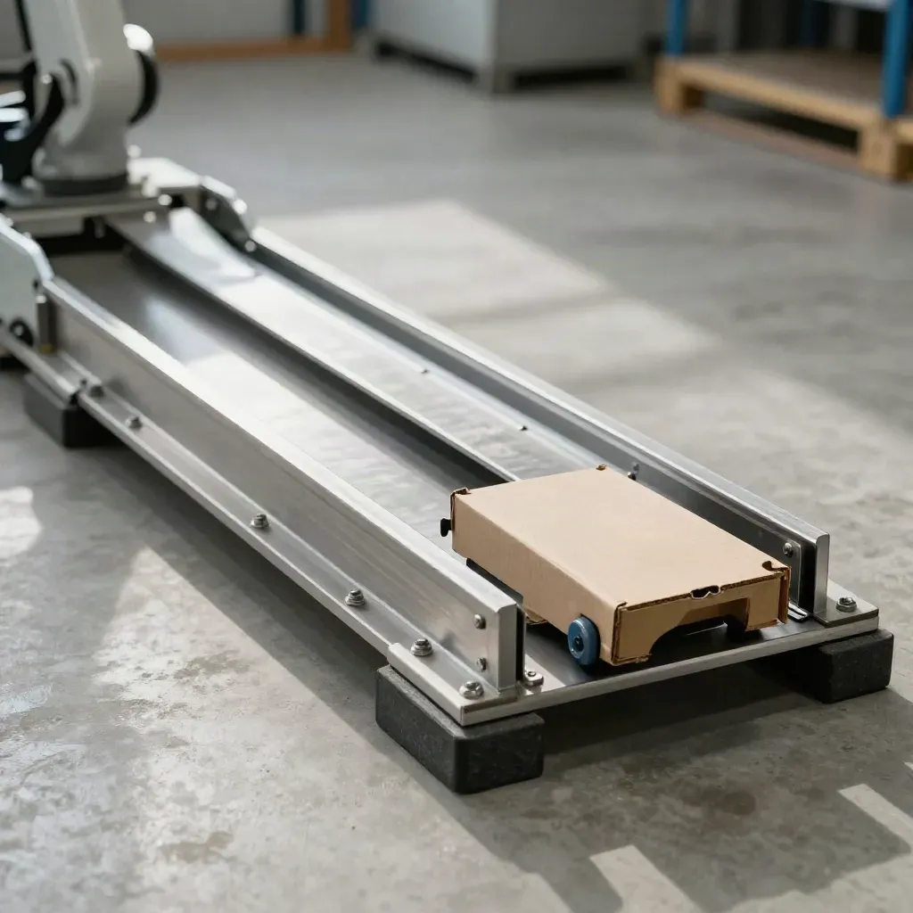 Macro of a cobot cell floor layout with baseplate, lane guides, safety blocks and carton outfeed.