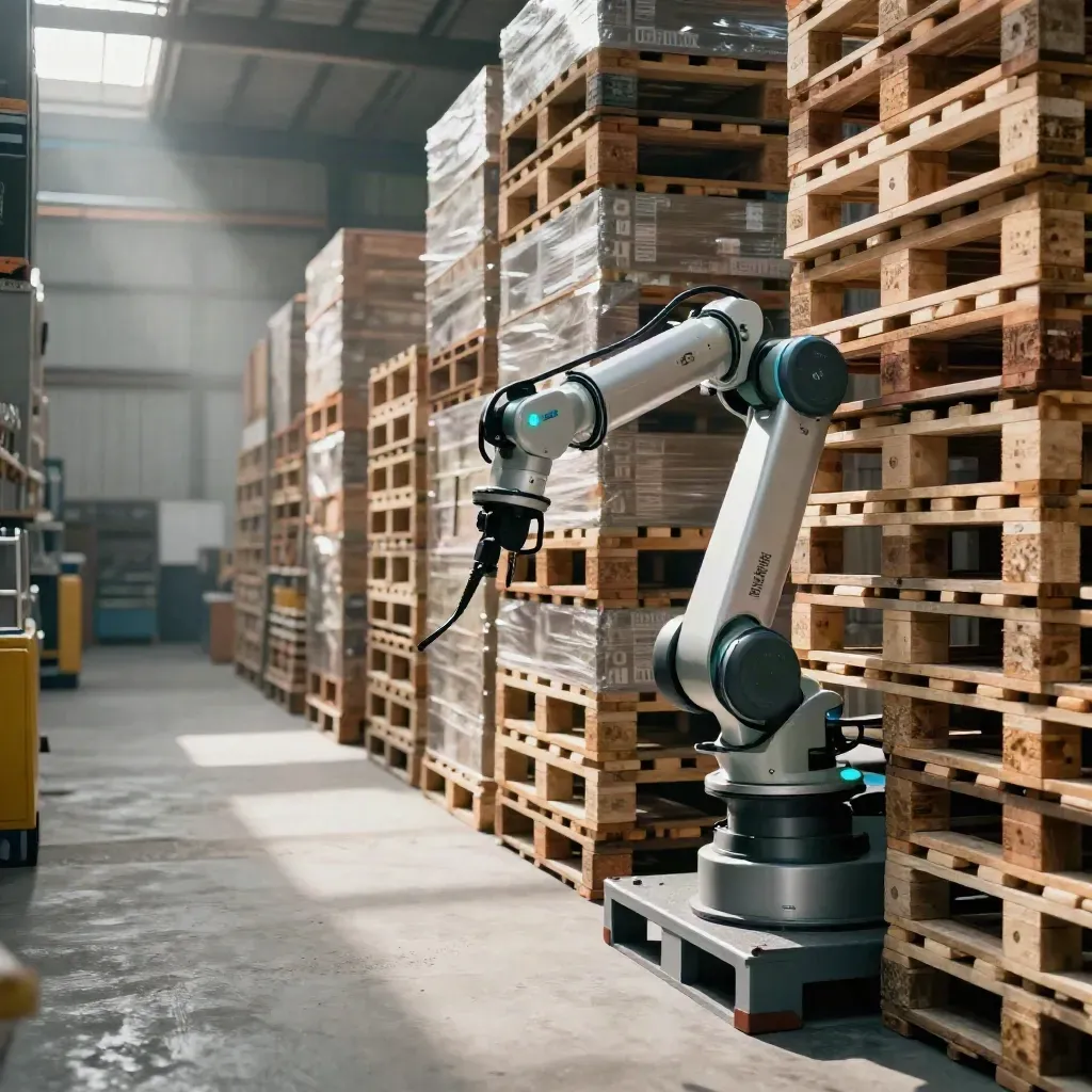 Low floor-level warehouse cobot beside stacked Euro pallets and tidy totes in a bright aisle.