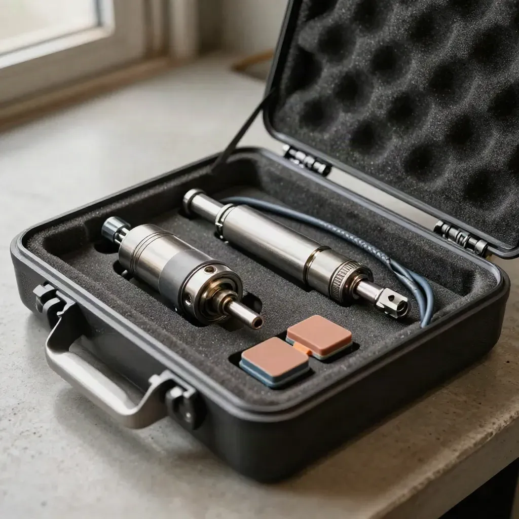 Open service case with spare cable loom, bearing pack and gripper pads on a bench.