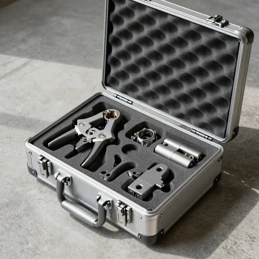 Open maintenance case with interchangeable gripper fingers and sample parts on concrete, top-down