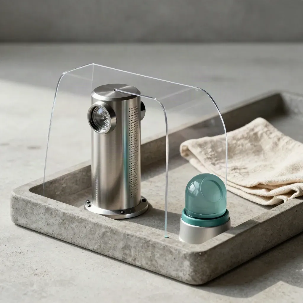 Safety light curtain, clear guard corner and round beacon in a stone tray with folded cloth.