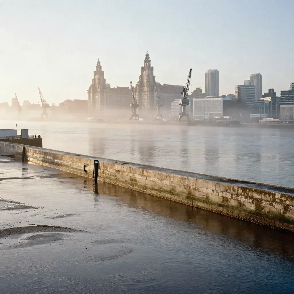 Liverpool waterfront and Mersey skyline emerging from dawn mist above a calm river