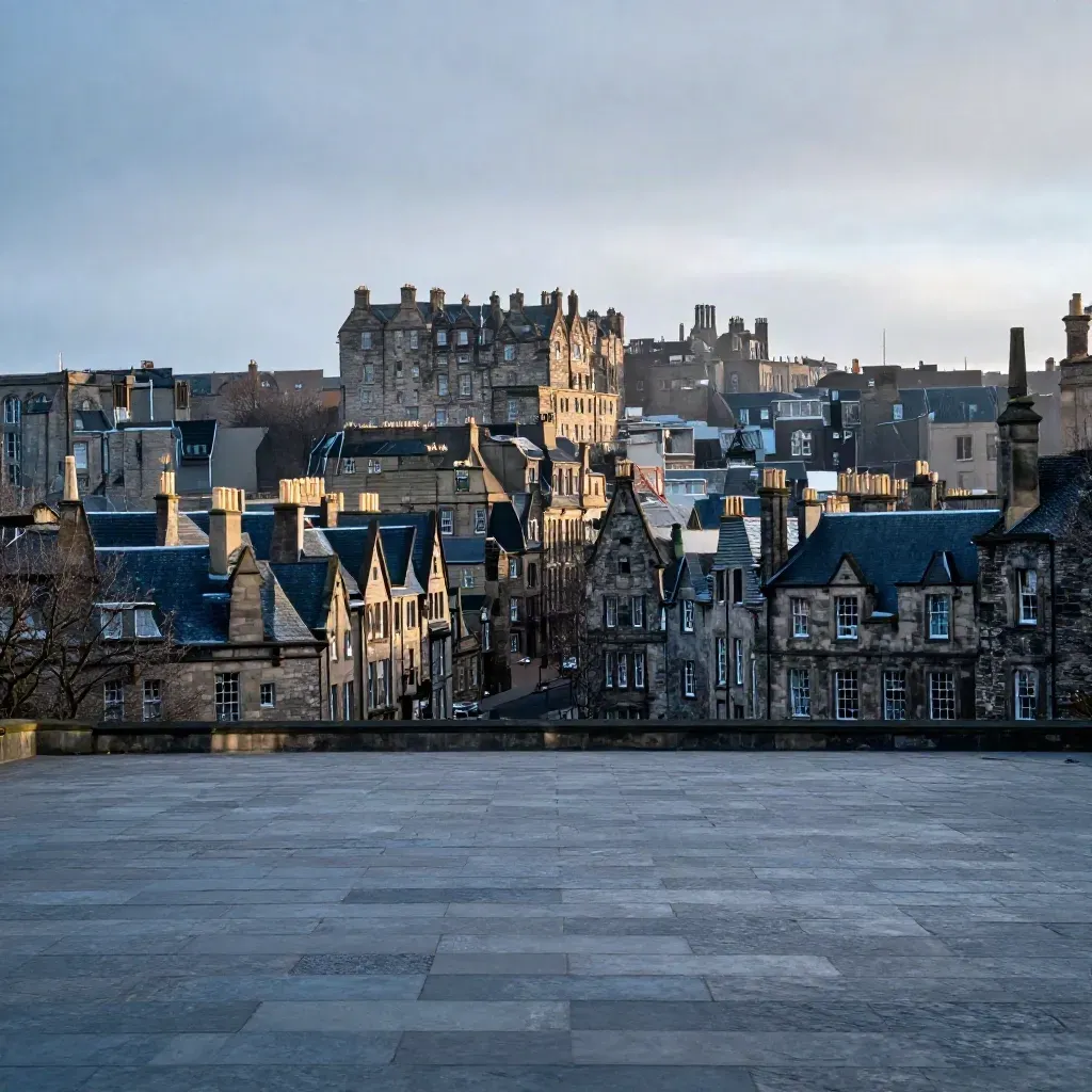 Edinburgh stone skyline in mist above calm granite and slate, with castle silhouette